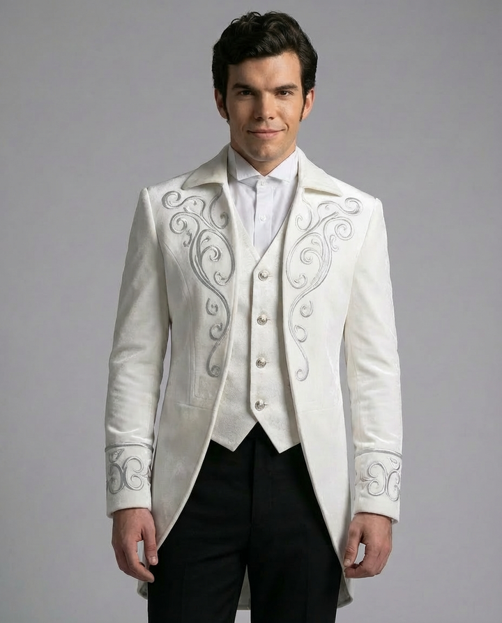 British Palace Embroidered White Regency Tailcoat Jacket for Men – Vintage Formal Ceremony Coat Tailor Made Plus Size