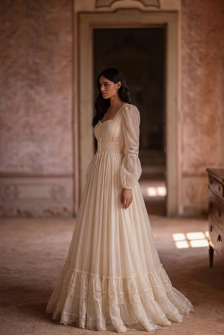 Gunne Sax inspiriertes gelbes Chiffon-Ballkleid - Schlichtes Spitzen-Teekleid - Französischer Stil 1980er