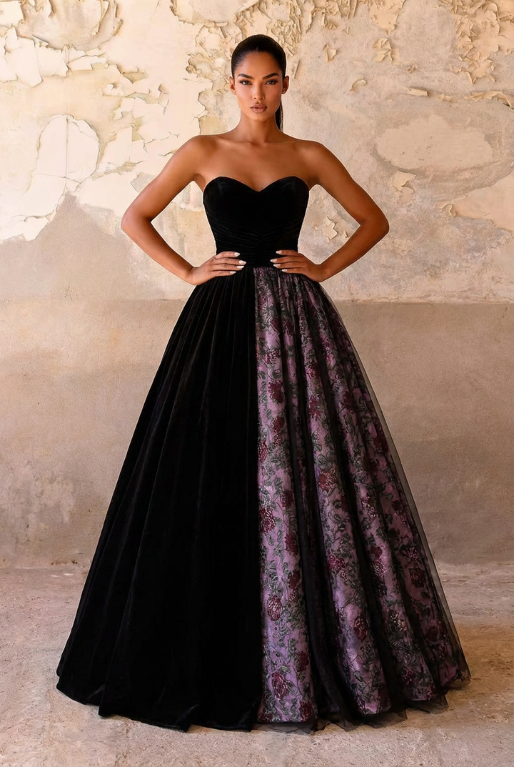 Black and Purple Gothic Wedding Dress With Floral- Sexy Gothic Strapless Ball Gown Plus Size