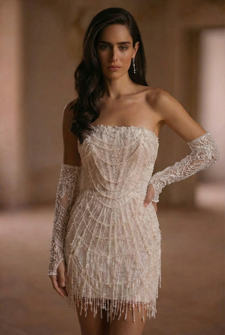 Short White Wedding Dress with Strapless Beaded Fringe – Short Bridal Wedding Dress - Short Beaded Wedding Dress Plus Size