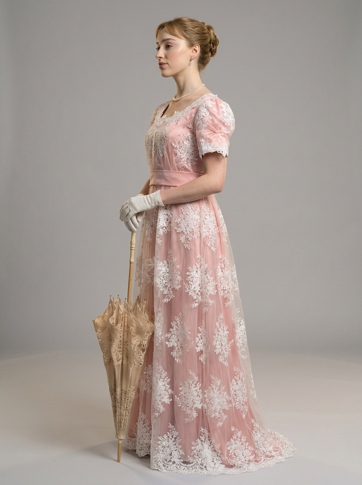 Regency Era Blush Pink Embroidered Empire Waist Vintage Gown – Bridgerton Inspired Lace Overlay Dress with Puff Sleeves Plus Size