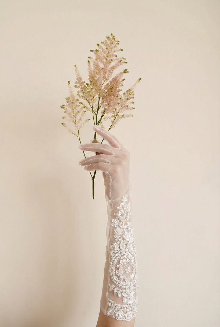 Handmade Lace Beaded Bridal Gloves For Wedding, Regency Ball