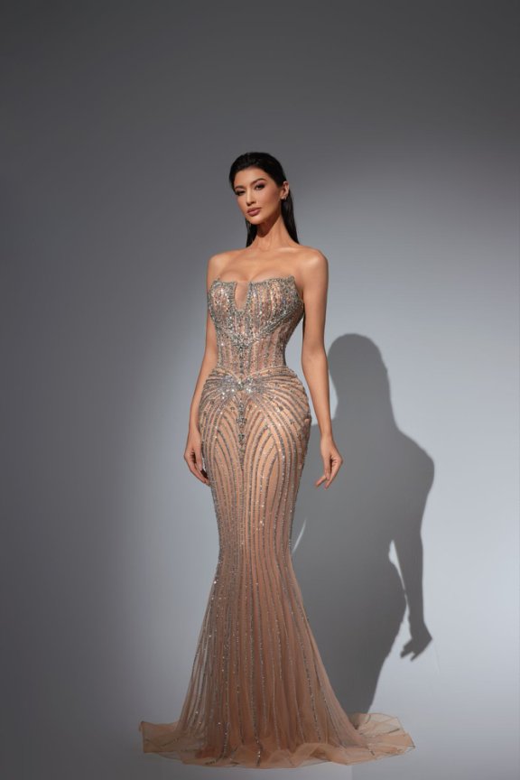Champagne Glitter Maxi Dress with Dramatic Satin Sleeves – Strapless Sequin Evening Gown Plus Size