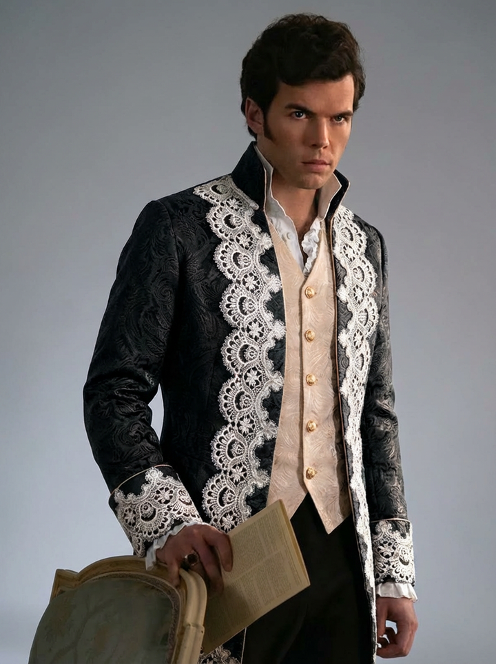 Bridgerton Inspired Tailor Made Men's Plus Size British Vintage Gothic Jacquard Tailcoat with Lace Embroidery
