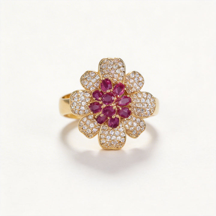 Bloom of Ruby Dreams – Vintage Floral Ring - Ruby Begonia