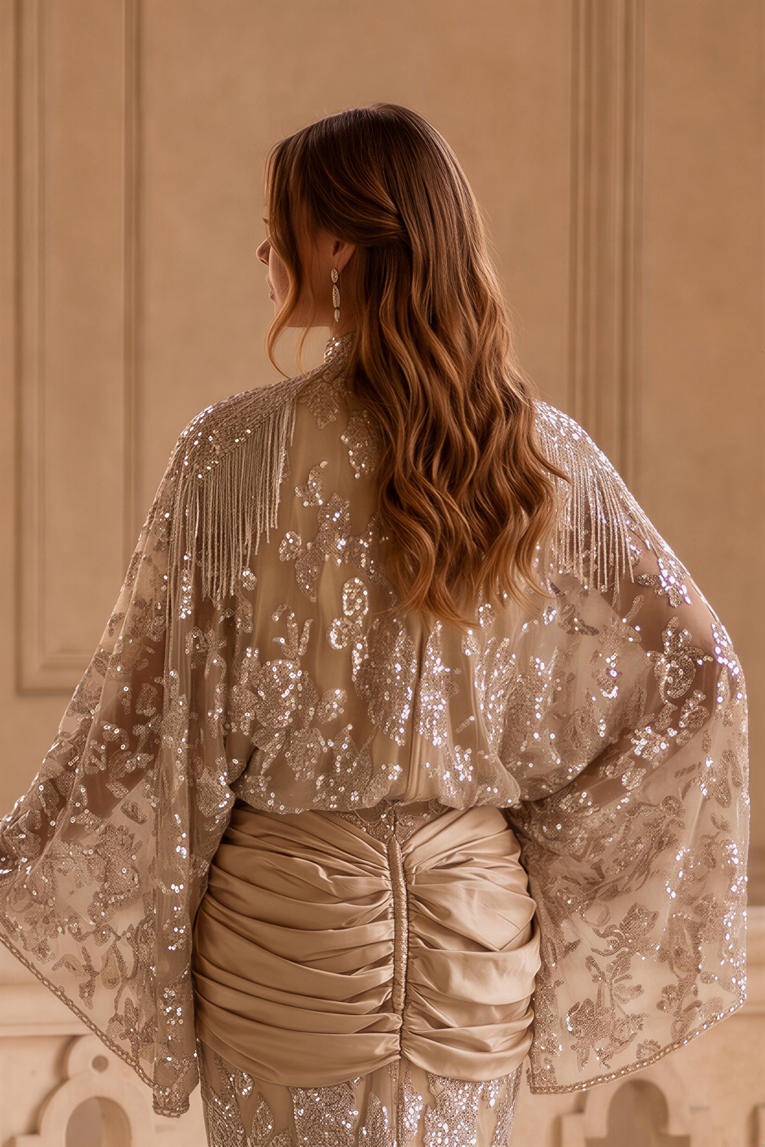 1920s Gatsby Champagne Lace Evening Dress – High Neck Long Sleeve Beaded Satin Gown with Draped Waist and Flared Sleeves Plus Size