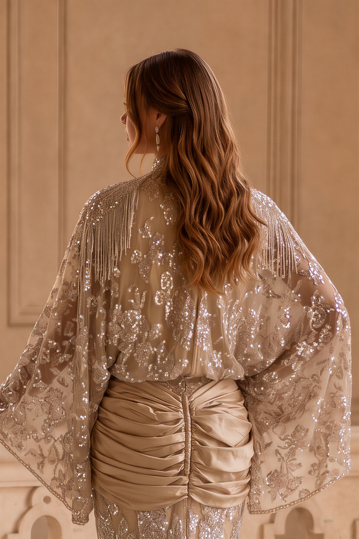 1920s Gatsby Champagne Lace Evening Dress – High Neck Long Sleeve Beaded Satin Gown with Draped Waist and Flared Sleeves Plus Size