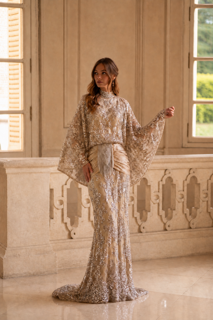 1920s Gatsby Champagne Lace Evening Dress – High Neck Long Sleeve Beaded Satin Gown with Draped Waist and Flared Sleeves Plus Size