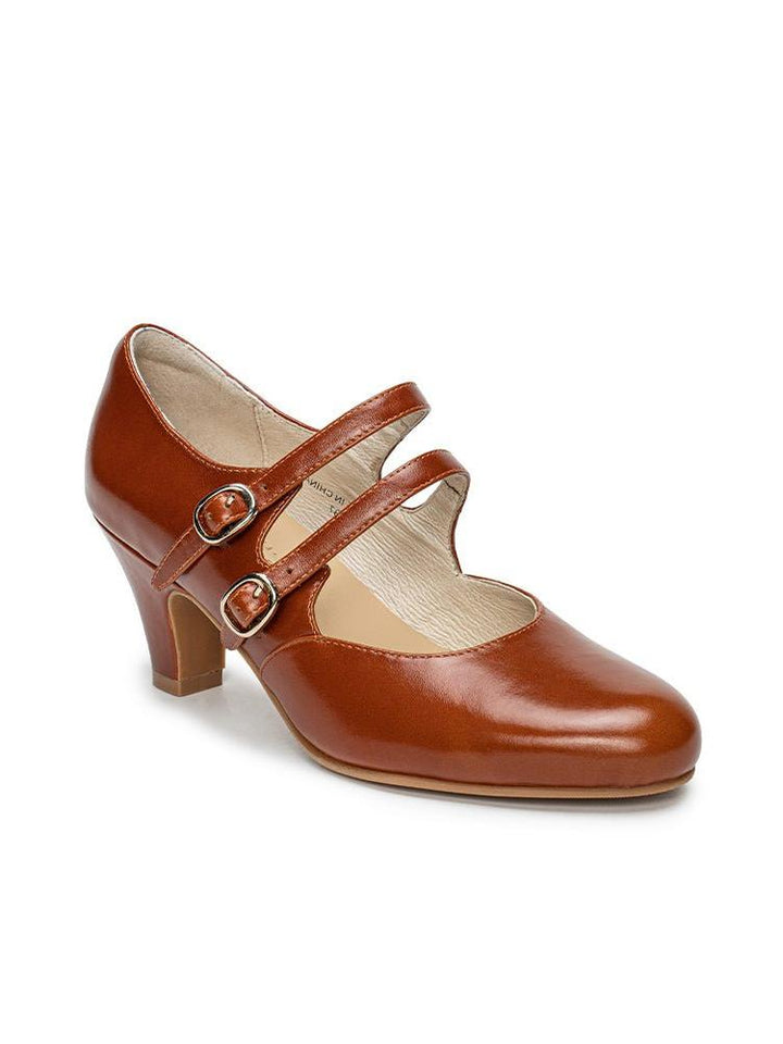 1930s Inspired Double Strap Mary Jane Heels - Retro Brown Leather - WonderlandByLilian