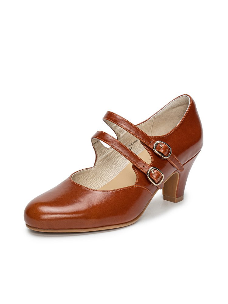 1930s Inspired Double Strap Mary Jane Heels - Retro Brown Leather - WonderlandByLilian