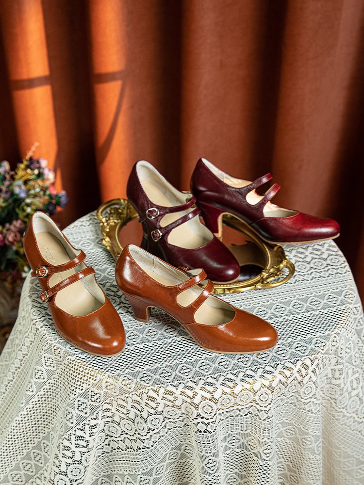 1930s Inspired Double Strap Mary Jane Heels - Retro Brown Leather - WonderlandByLilian