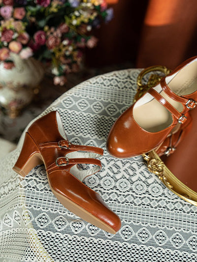 1930s Inspired Double Strap Mary Jane Heels - Retro Brown Leather - WonderlandByLilian