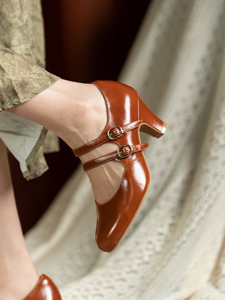 1930s Inspired Double Strap Mary Jane Heels - Retro Brown Leather - WonderlandByLilian