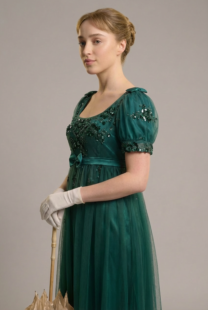 Gothic Emerald Regency Era Embroidered Dress with Bow - Empire Waist Tulle Gown Plus Size