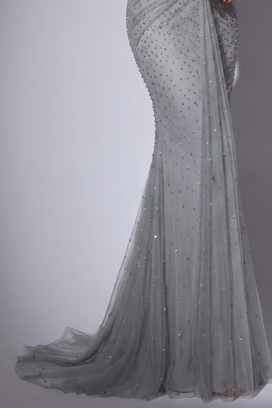 Silver Sequin Evening Gown with Off-Shoulder Sleeves - Elegant Sequined Dress with Draped Skirt Plus Size