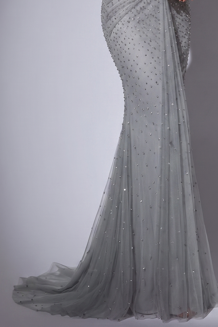 Silver Sequin Evening Gown with Off-Shoulder Sleeves - Elegant Sequined Dress with Draped Skirt Plus Size