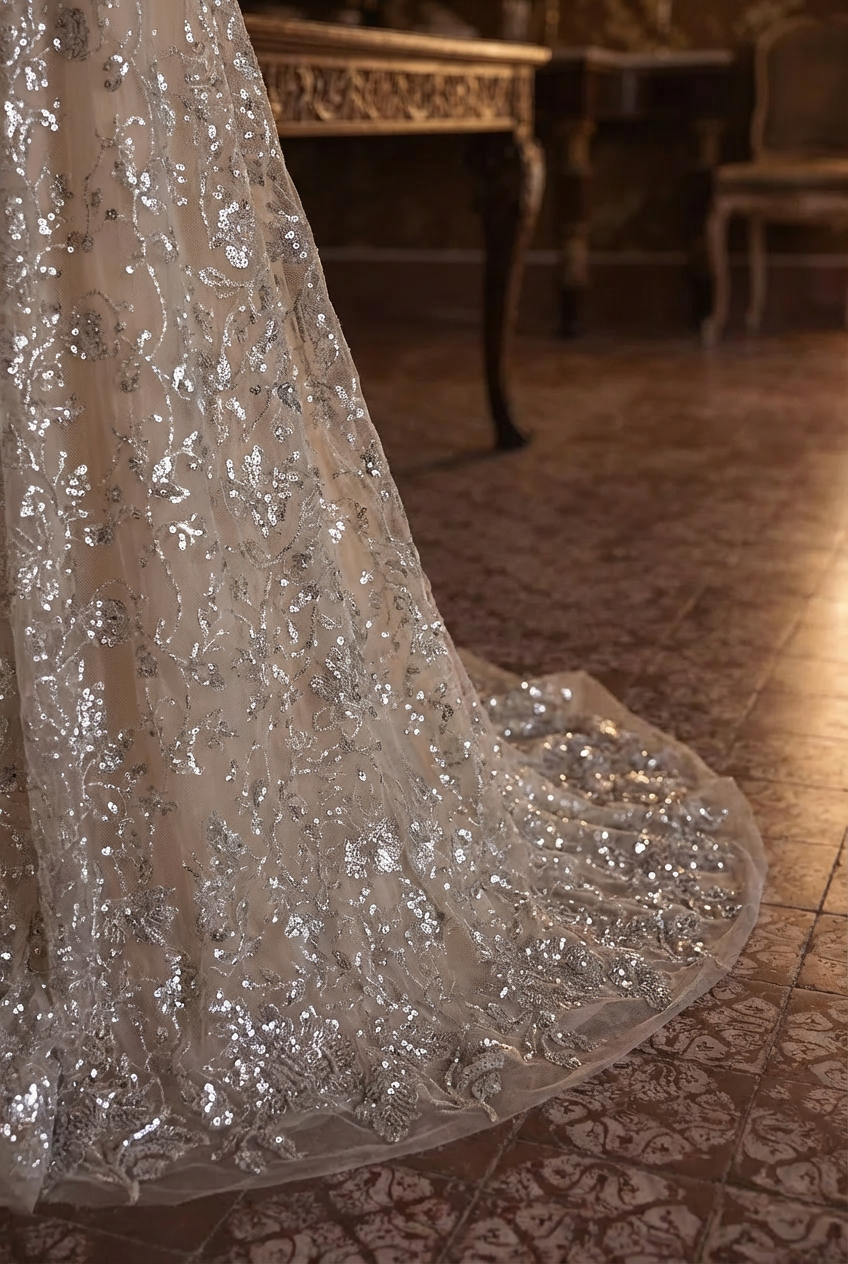 Regency Era Champagne Empire Waist Dress – Sequin Embellished Puff Sleeve Gown Plus Size