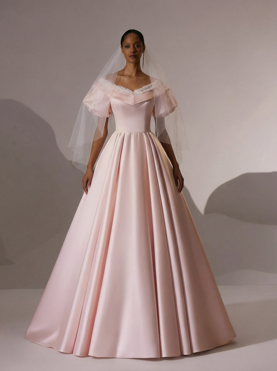 Light Pink Satin Wedding Dress with Off Shoulder Sleeves – Vintage Pin –  WonderlandByLilian