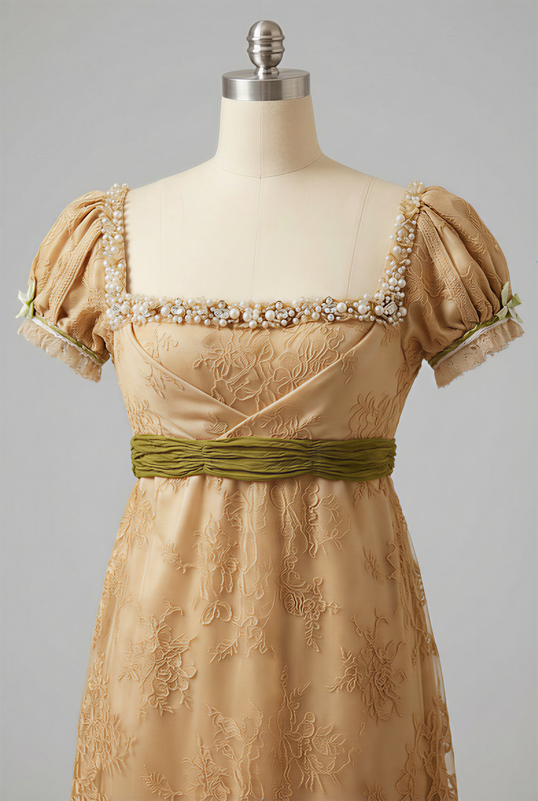 Regency Era Champagne Empire Waist Lace Dress with Puff Sleeves and Beaded Neckline – Vintage Inspired Gown Plus Size