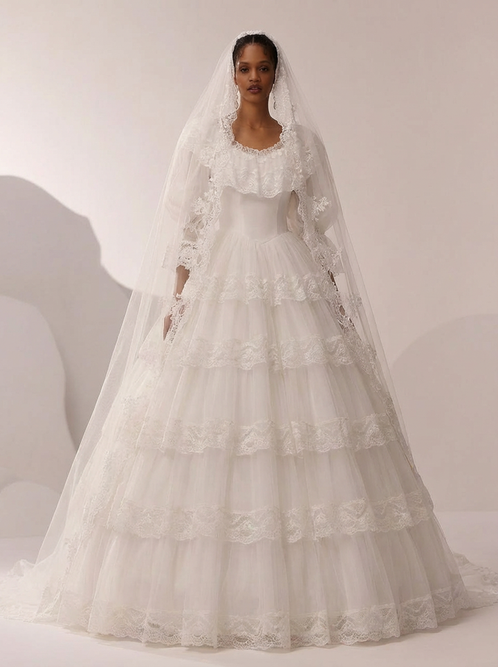 Lace Wedding Dress with Long Sleeves and Corset – Ruffle Layered Wedding Dress with Puff Sleeves Plus Size