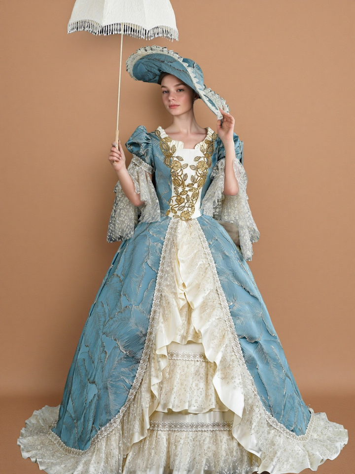 Marie Antoinette Rococo Style Dress in Blue and Ivory with Layered Skirt and Lace Bell Sleeves – Baroque Ball Gown Plus Size