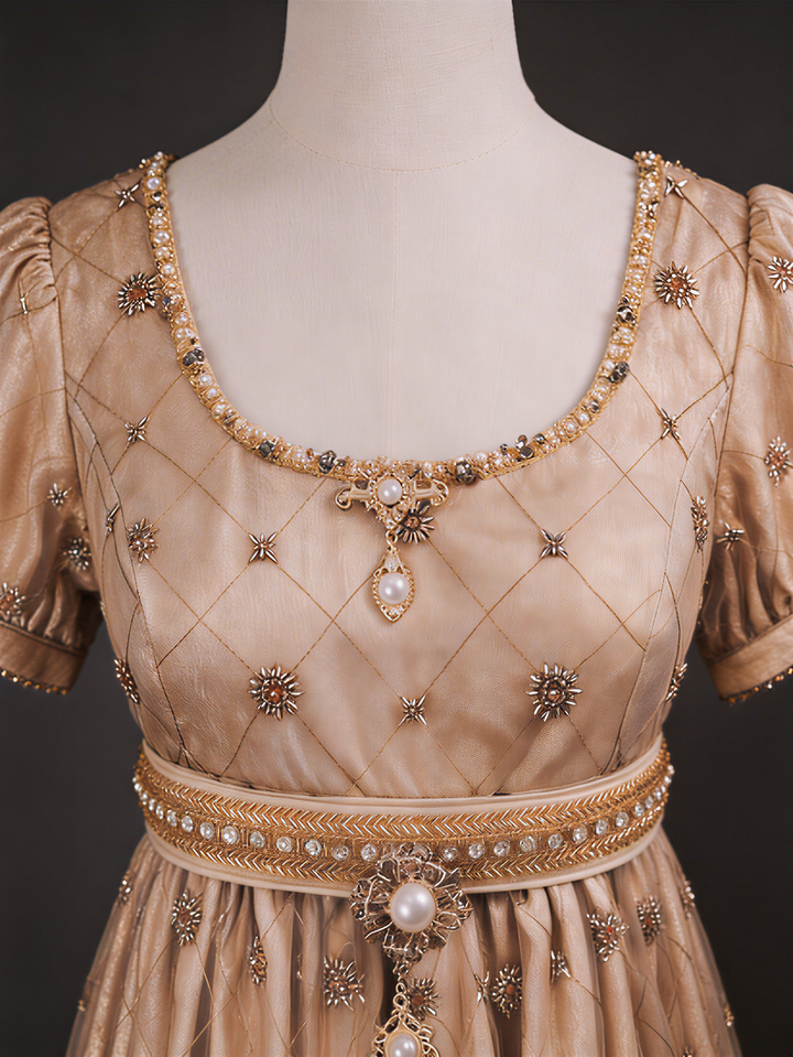 Regency Era Champagne Empire Waist Dress with Gold Beaded Embroidery and Puff Sleeves – Bridgerton Inspired Vintage Gown Plus Size