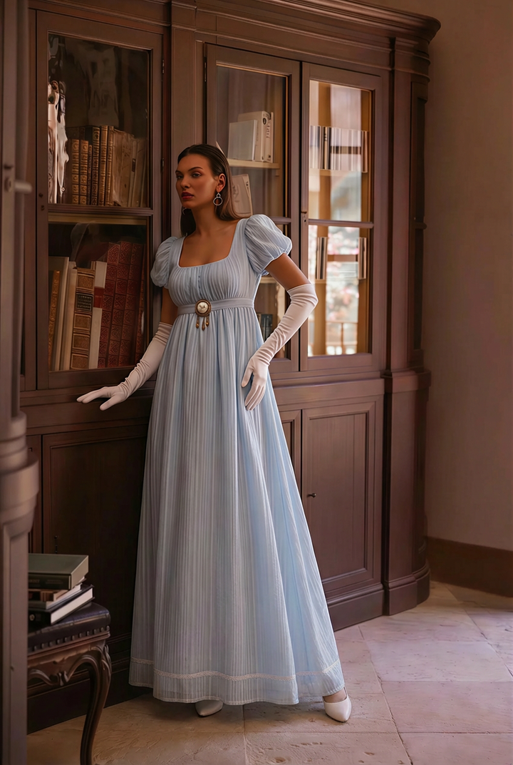 Bridgerton Inspired Regency Era Blue Cotton Dress With Brooch- Regency Ball Gown - Plus Size