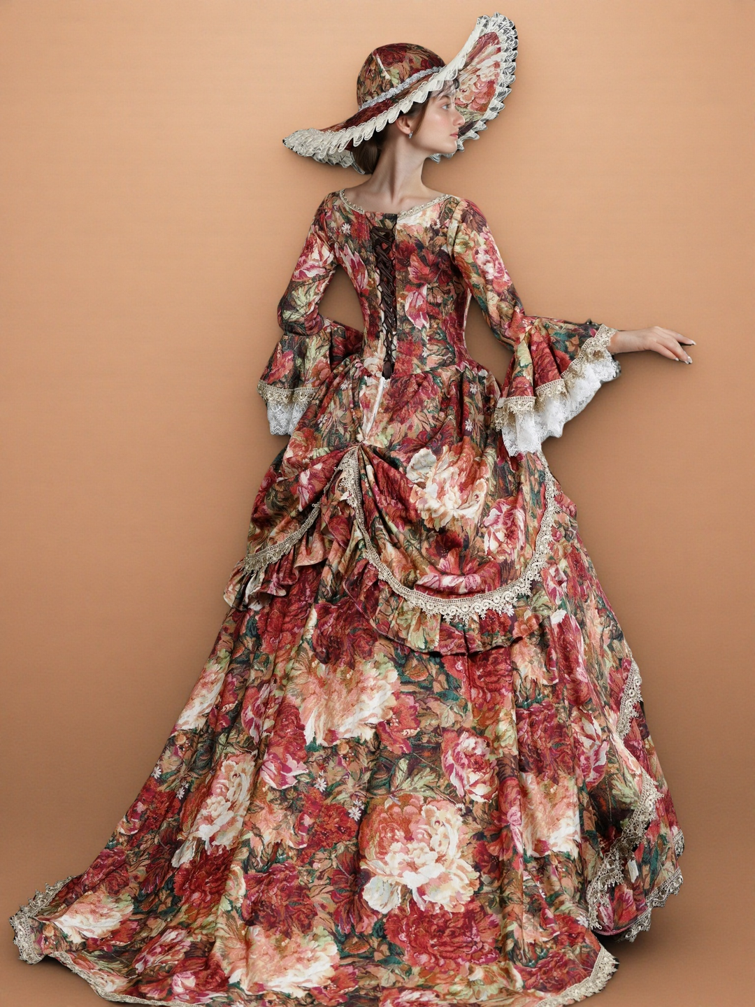 Floral Red Rococo Style Dress with Lace Bell Sleeves – Marie Antoinette Inspired Gown for Costume Ball or Theater