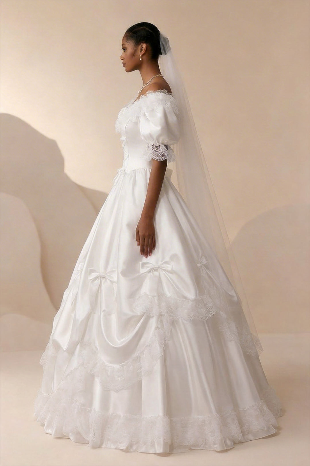 Satin Wedding Dress with Lace and Puff Sleeves – Vintage Wedding Gown with Corset and Large Back Bow Plus Size