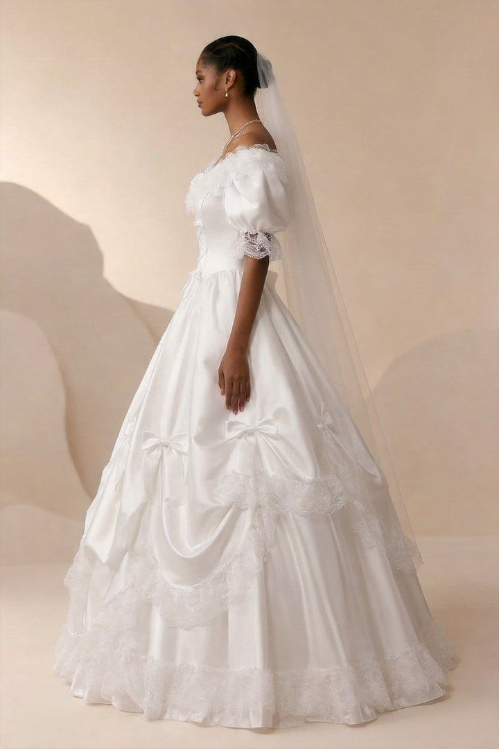 Satin Wedding Dress with Lace and Puff Sleeves – Vintage Wedding Gown with Corset and Large Back Bow Plus Size