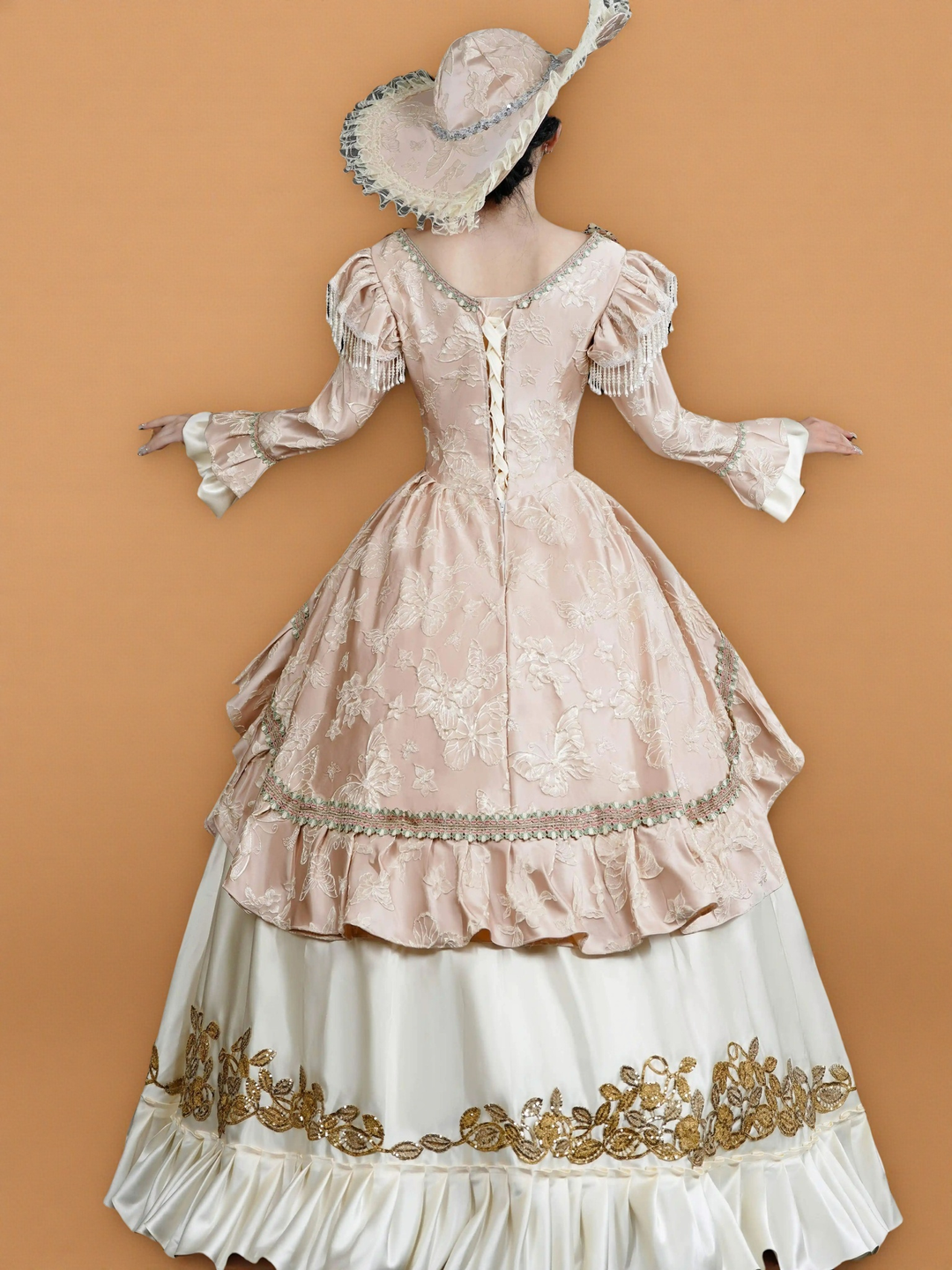 Rococo Pink and Cream Ball Gown Dress – Embroidered Floral Bodice with Frilled Sleeves and Wide Brim Hat