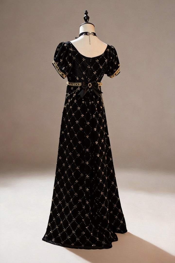 Regency Era Black Velvet Gold Embroidered Empire Waist Vintage Gown with Puff Sleeves – Bridgerton Inspired Dress Plus Size