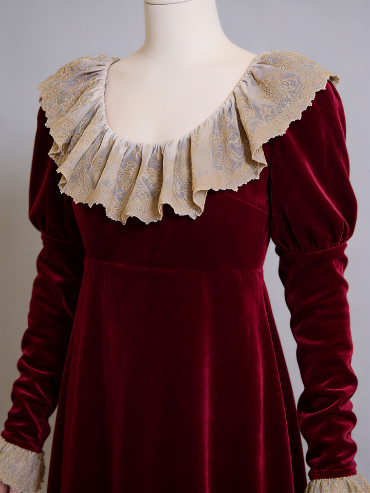 Bridgerton Inspired Regency Era Burgundy Velvet Empire Waist Dress with Gold Lace Collar and Long Sleeves Plus Size