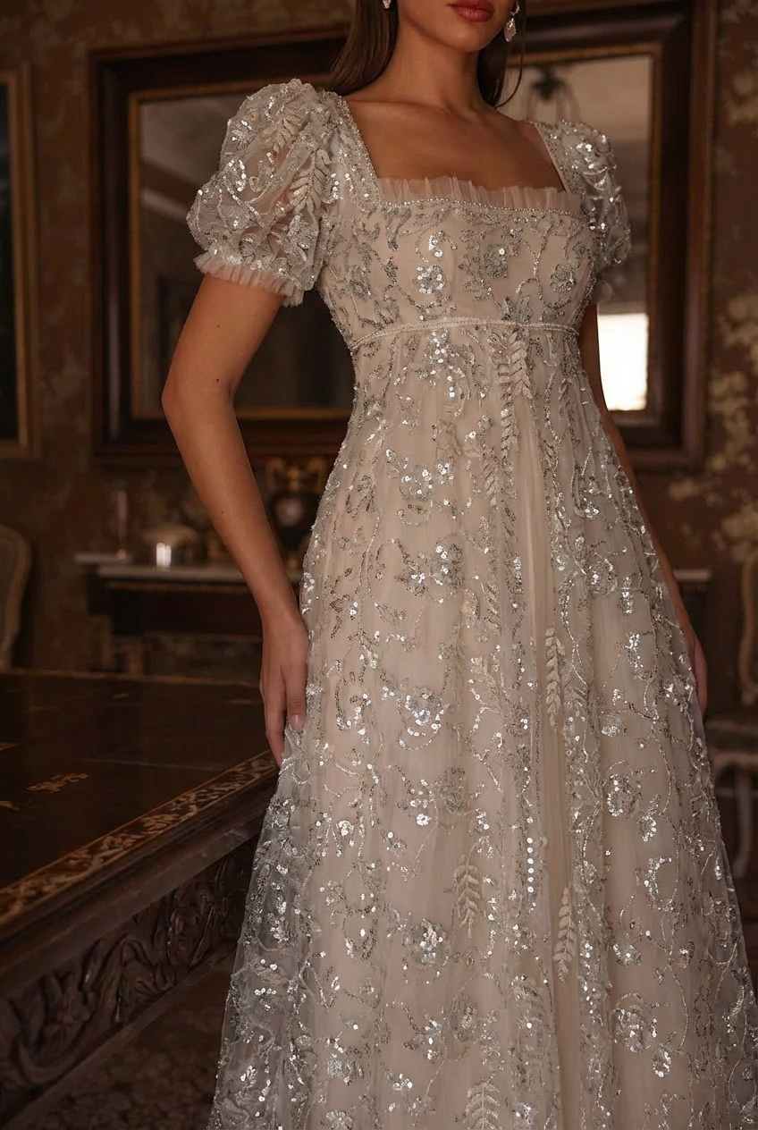 Regency Era Champagne Empire Waist Dress – Sequin Embellished Puff Sleeve Gown Plus Size