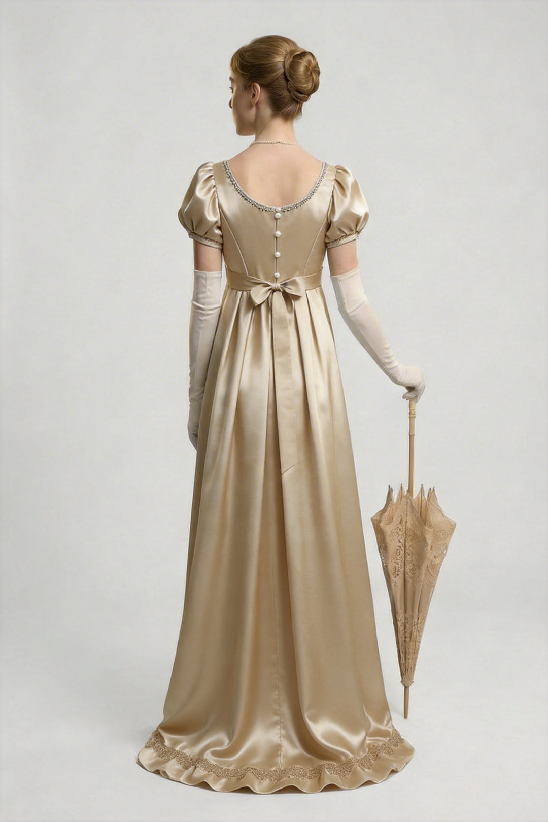 Champagne Bridgerton Inspired Regency Dress Women - Gold Bridgerton Dress and Satin Dress with Bow Tie Belt Plus Size