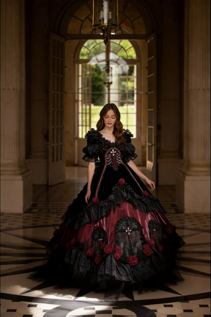 Victorian-Inspired Black Gothic Lolita Ball Gown with Burgundy Satin and Edwardian Lace – Gothic Evening Dress Plus Size