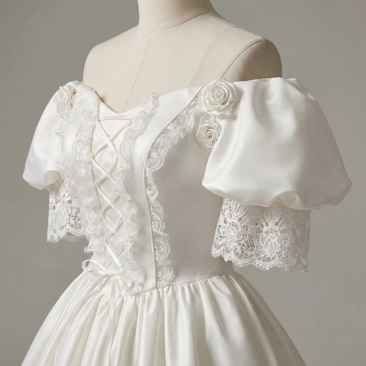 White Satin Wedding Dress with Puff Sleeve –  Lace Wedding Gown Off Shoulder with Ruched Skirt and Corset Plus Size