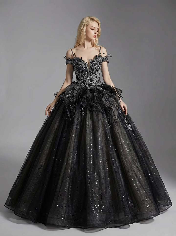 Gothic Black Off-Shoulder Wedding Dress with Embellished Tulle Plus Size