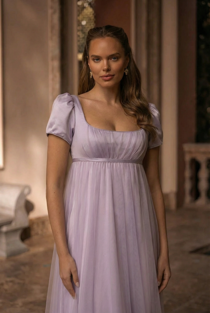 Bridgerton Daphne Purple Dress With Gauze - Regency Era Purple Satin Wedding Dress Plus Size