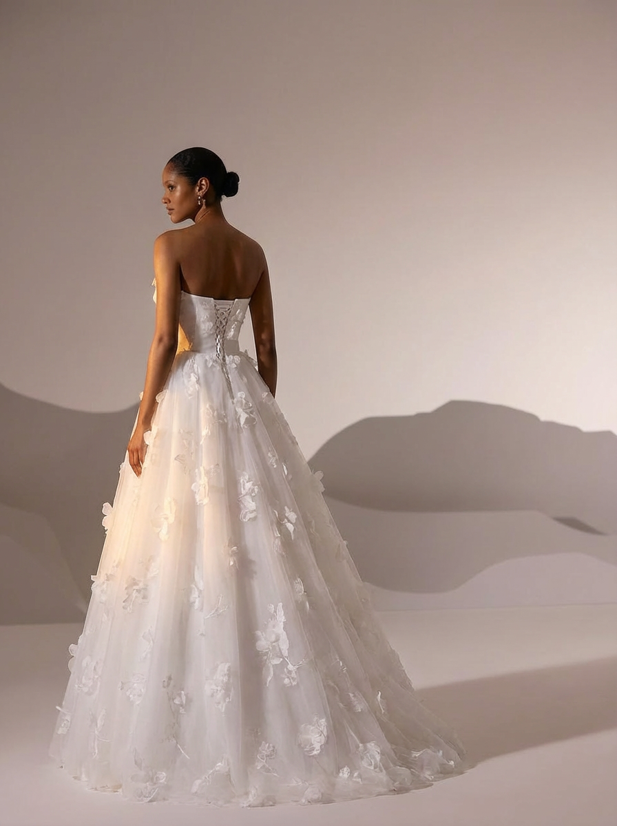 White Floral Wedding Dress with Bow – Ball Gown Wedding Dresses Princess with Strapless - Fairytale Wedding Dress Plus Size