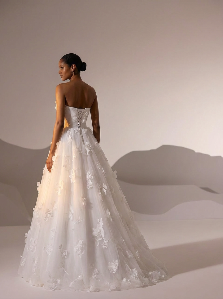 White Floral Wedding Dress with Bow – Ball Gown Wedding Dresses Princess with Strapless - Fairytale Wedding Dress Plus Size