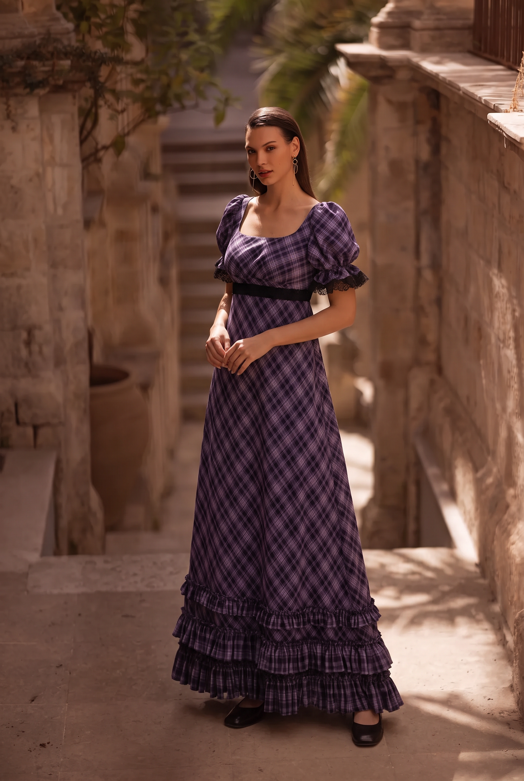 Regency Era Blue Plaid Empire Waist Dress with Lace Trim and Puff Sleeves Plus Size
