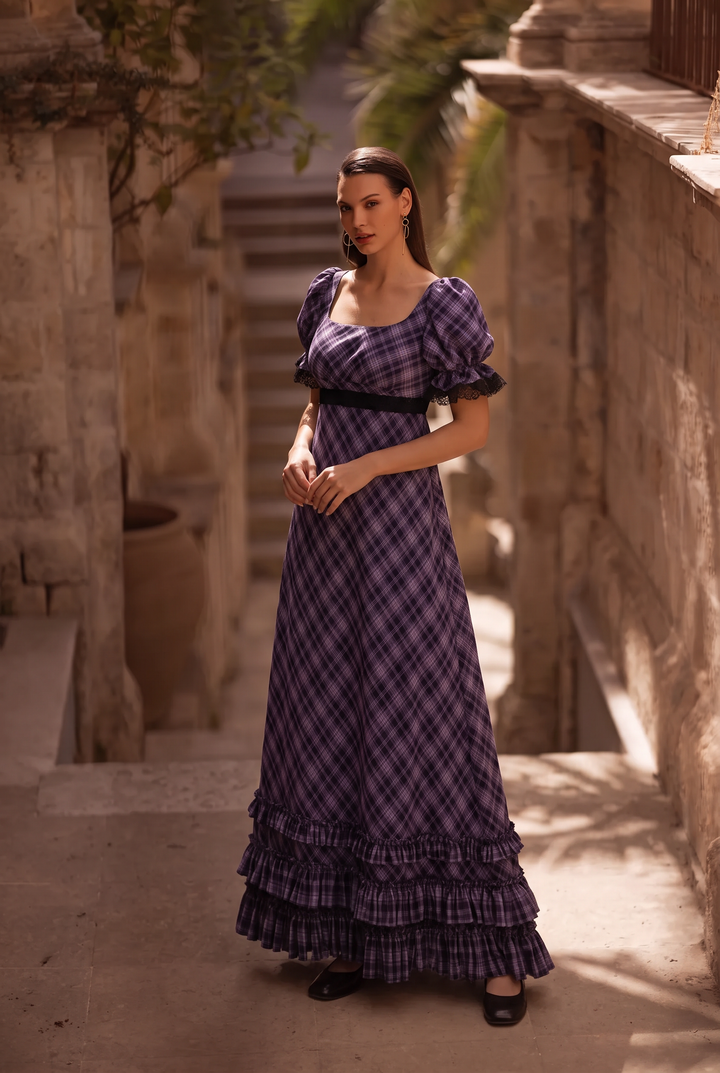 Regency Era Blue Plaid Empire Waist Dress with Lace Trim and Puff Sleeves Plus Size