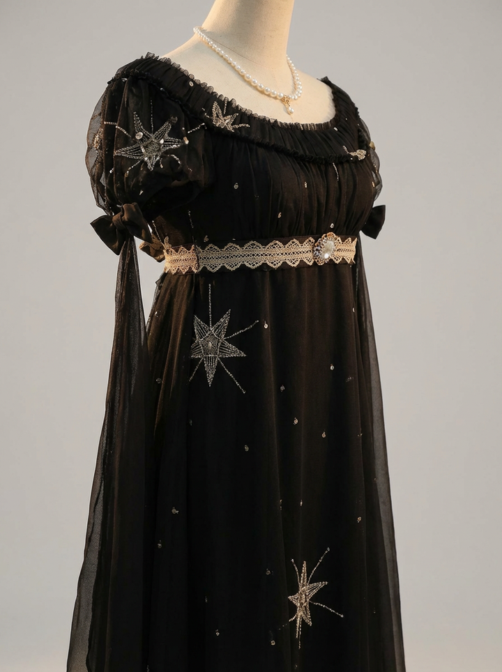 Regency Era Midnight Black Star Embroidered Empire Waist Gown – Bridgerton Inspired Dress Plus Size