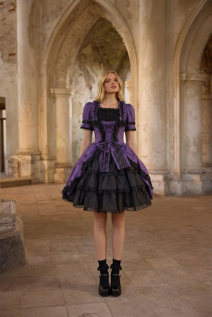 Gothic Lolita Dress – Victorian-Inspired Purple and Black Short Party Dress