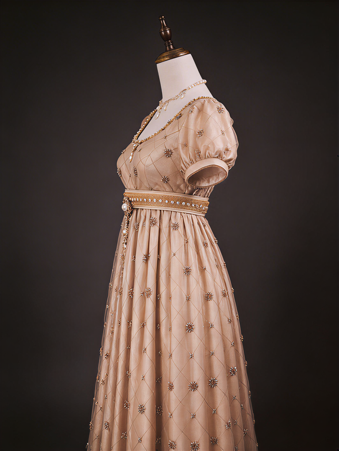 Regency Era Champagne Empire Waist Dress with Gold Beaded Embroidery and Puff Sleeves – Bridgerton Inspired Vintage Gown Plus Size