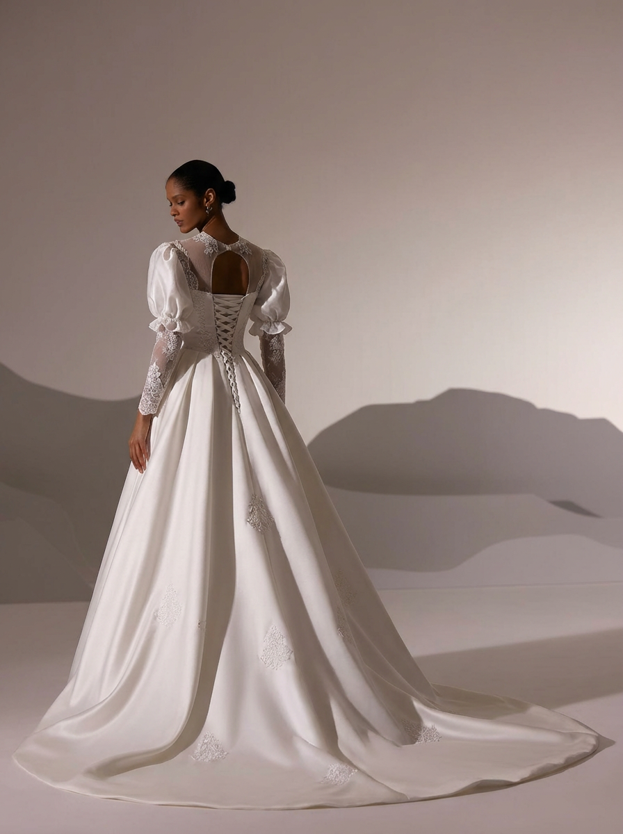 Vintage Long Sleeve Wedding Dress with High Neck – Simple Modest Wedding Dress with Lace Train Plus Size