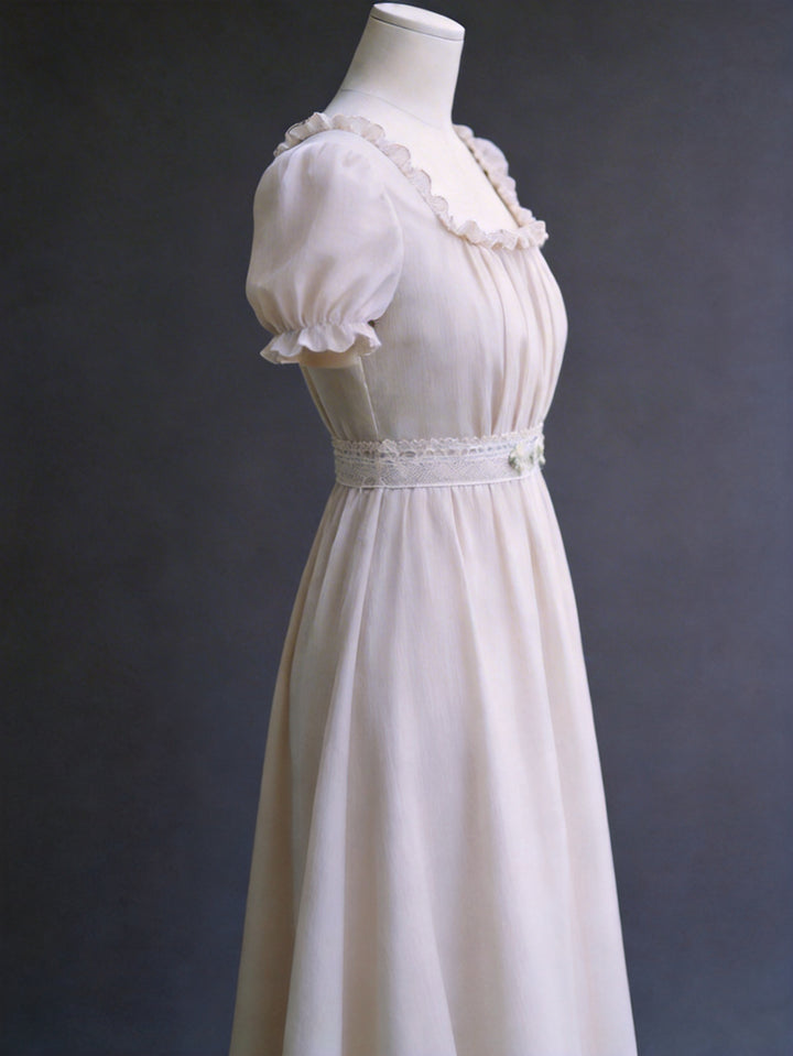 Regency Era Soft Grey Empire Waist Chiffon Dress with Puff Sleeves and Pleated Bust – Bridgerton Inspired Vintage Gown Plus Size