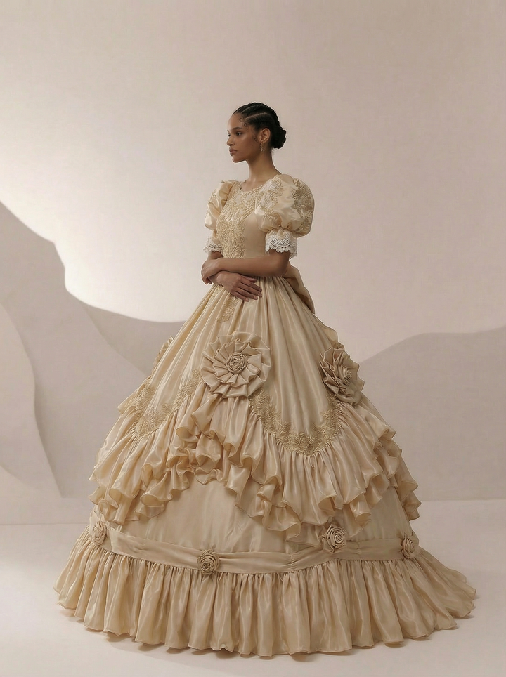 Golden Satin Vintage Antique Wedding Dress with Embroidered Ruffles - Plus Size