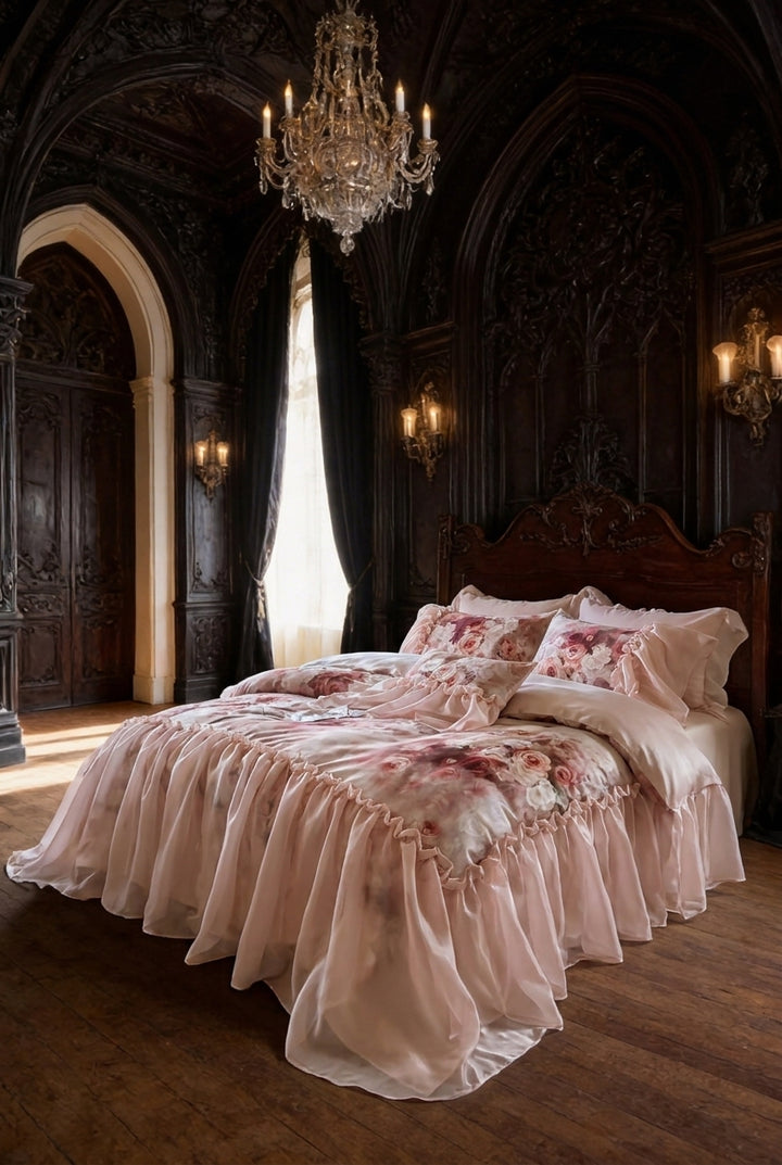 The 'Roseraie Lumière' Ruffled Floral Tencel Cotton Bedding Set